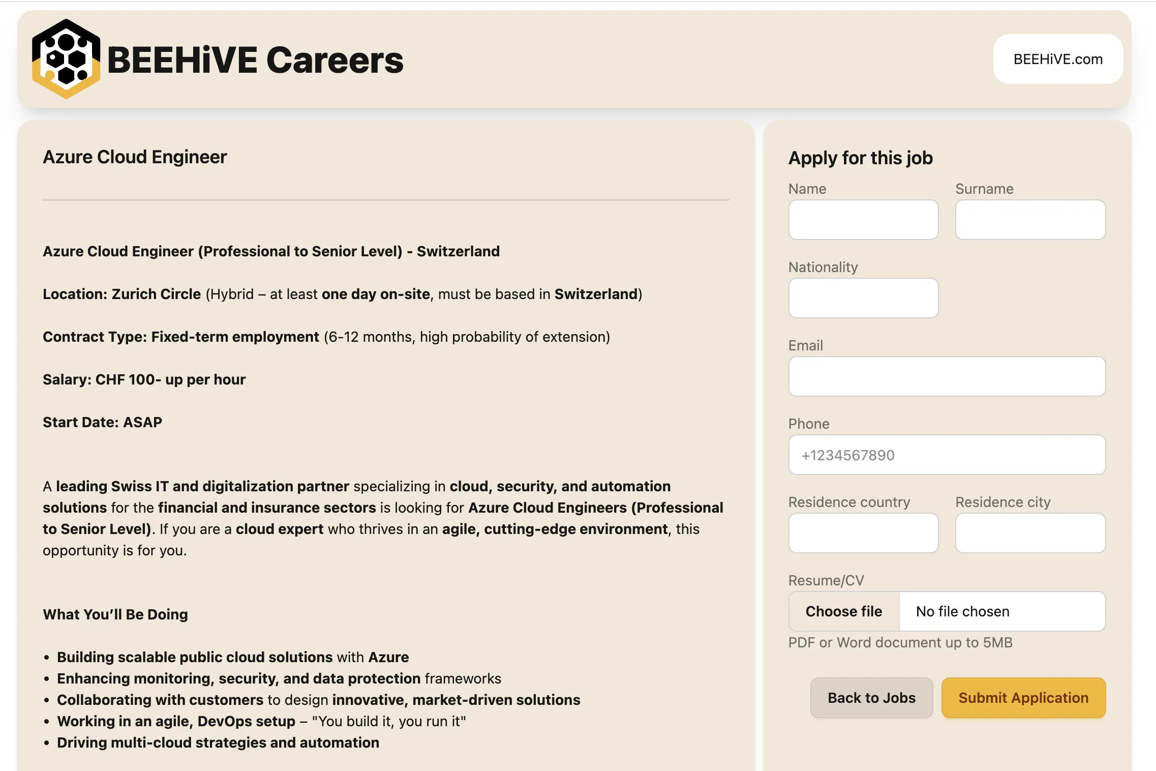 Beehive Careers website screenshot